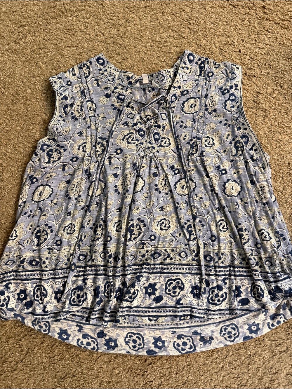 Lucky Brand Blue and Cream Floral Tie-Neck Tank